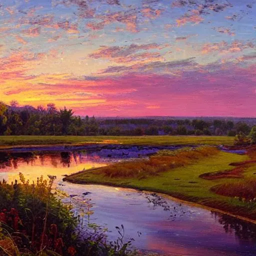 Prompt: A detailed Michigan landscape at sunset with a stream in the style of Peder Mork Monsted