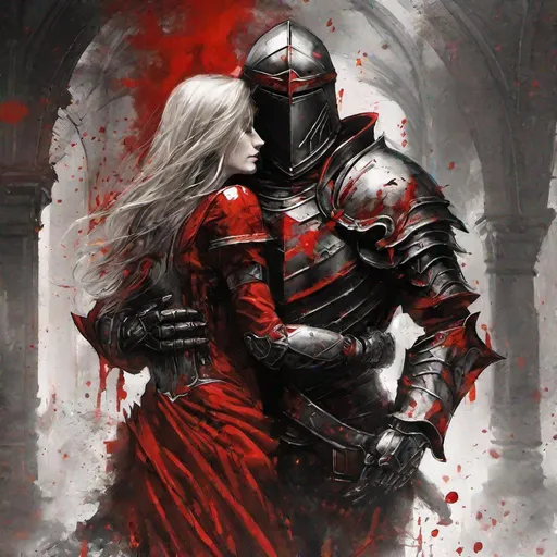 Prompt: crusader clad in black and red steel-armor protecting his beautiful and fragile wife whos embracing him in a blood stained and torn world.