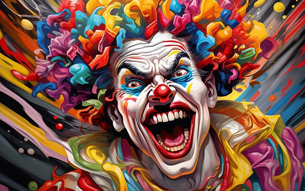 Prompt: an artist's image of a clown painted in bright colors, in the style of hyper-detailed illustrations, iconic pop culture caricatures, animated gifs, aggressive digital illustration, toycore, caricature faces, illusory wallpaper portraits