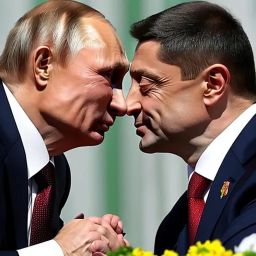 Prompt: putin and zelensky kissing