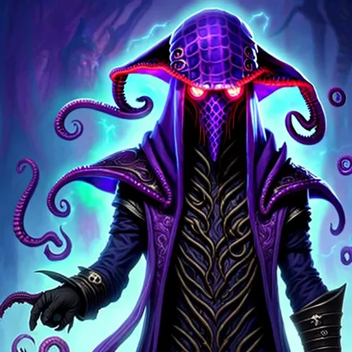 Prompt: Mind flayer pirate illithid fancy clothes glowing red eyes purple detailed face no flaws