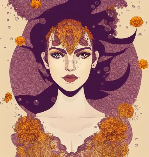 Prompt: ink illustration of young woman wearing marigolds and dewdrops | symmetrical face, accurate anatomy, ultra-fine details, vastly opulent ornate detailing on her clothing, sharp focus, volumetric lighting, flat colors, ink washes | fantasy ink illustration