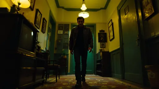 Prompt: wide shot of "The man in a leather jacket slowly pushes open the green door of the dimly lit 1970s Hong Kong apartment, his serious gaze fixed ahead as he steps onto the patterned carpet, revealing a vintage television on the cabinet and framed photos lining the walls under muted yellowish lighting, with the camera gradually pushing forward to intensify the eerie tension."