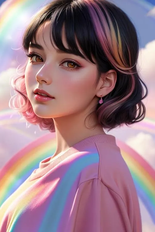 Prompt: soft female, perfect face, beautiful girl, rainbow background, black hair with rainbow highlights, pink clothes, soft lighting, hopeful, british, Illustration, Concept art, Digital, Perfectly drawn, background with rainbows and roses,