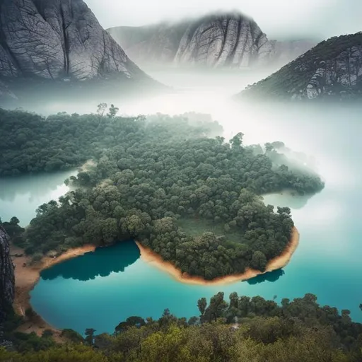 Prompt: Misty cliffs a lake surrounded by cliffs with small waterfalls that all fall into the lake this location is covered in mist, huge, wide Birds Eye view