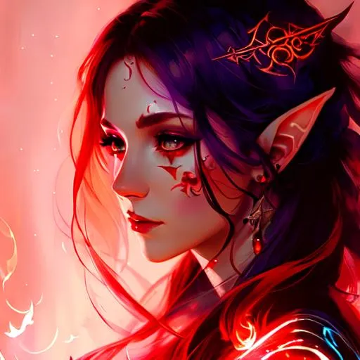 Prompt: mage, female elf, cursed, tattoo on cheek, red glowing mark, UHD, 8K, high fantasy, (((art by Agnes Cecile))), 
