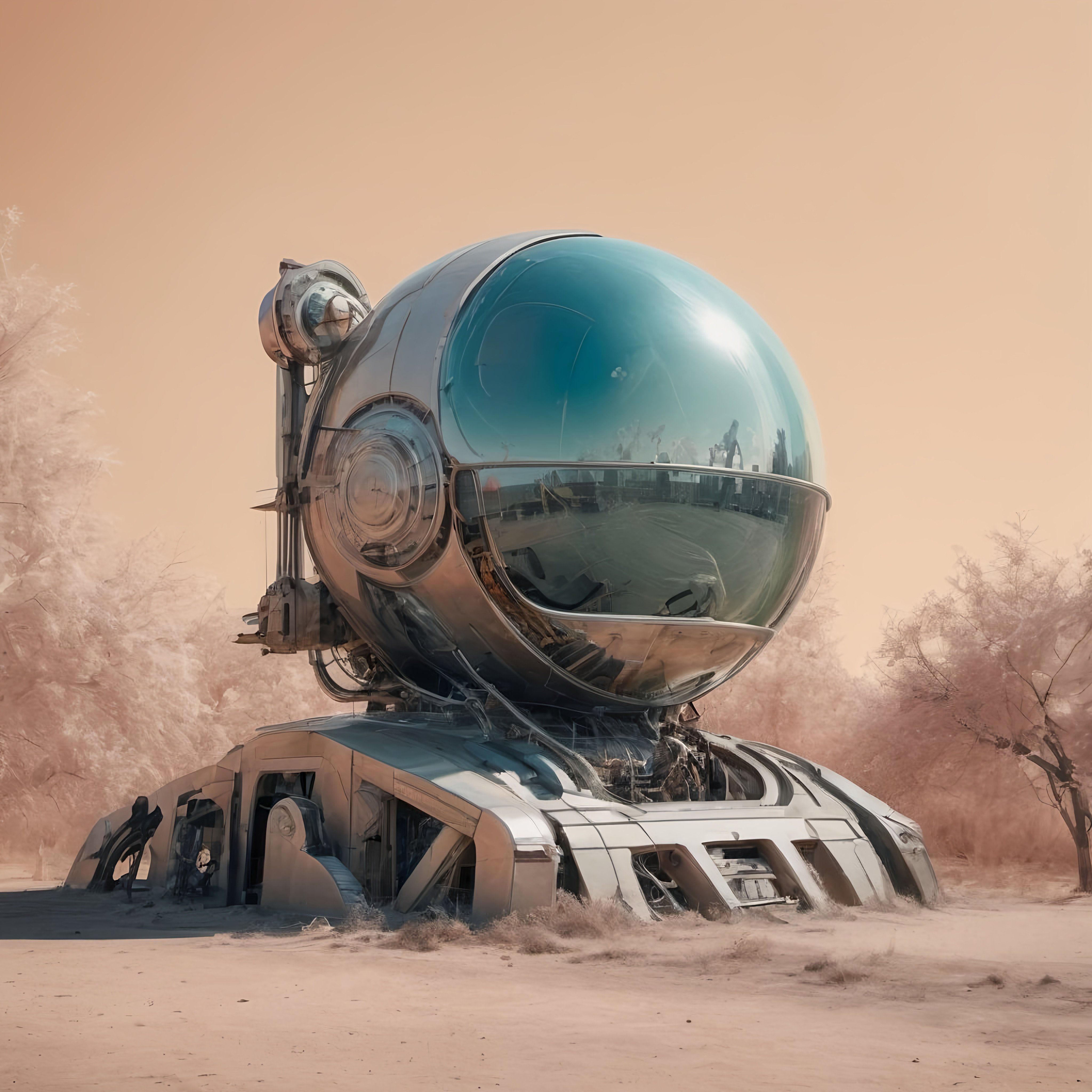 Prompt: a futuristic vehicle with a large blue sphere on top of it's body in the desert, with trees in the background