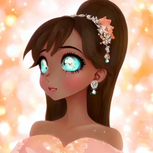 Prompt: Anime, Princess, Teal eyes, Apricot Ballgown, diamond earrings, brown skin, HD, 4k, High Quality, Effects.