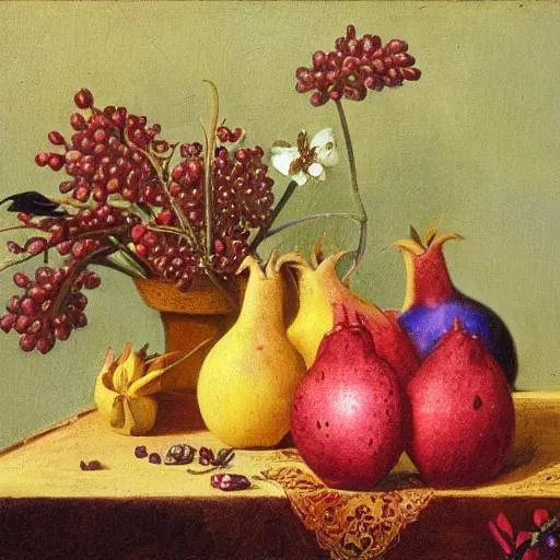 Prompt: Still life with pomegranates, soursop, cornflowers and narcissusis