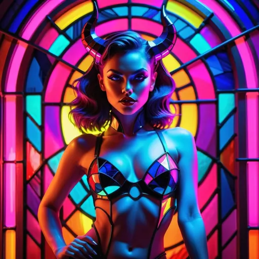 Prompt: a beautiful female demon in a dynamic pose in a retro futuristic synthwave cyberpunk neon paradise.  neon lighting, high quality, beautiful, masterpiece, artistic, synthwave, cyber, retro, futuristic