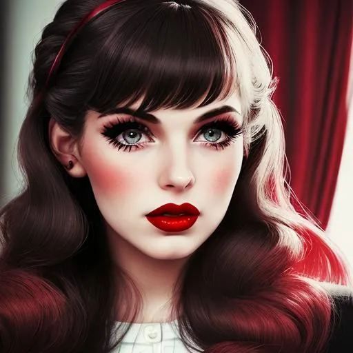 Prompt: 50's fashionable girl,long hair, red lips, facial closeup
