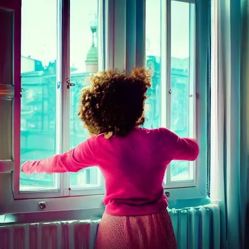 Prompt: Cosmic girl in russia
 talking about friend next to window, she's happy