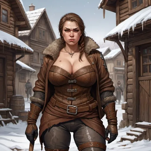 Prompt: Full body, Fantasy illustration of a female russian, full figured, thug, sneer expression, leather armor, wooden bat, brown hair, scars, high quality, rpg-fantasy, detailed, snow covered slums background
