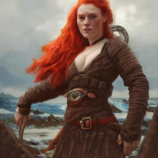 Prompt: Portrait of a viking woman with red hair and with cute face and big brests, on an island, perfect composition, hyperrealistic, super detailed, 8k, high quality, trending art, trending on artstation, sharp focus, studio photo, intricate details, highly detailed, by greg rutkowski