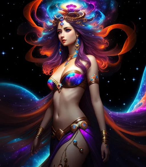 Prompt: Cosmic Epic Beautiful Nebula (Beautiful Melancholy {Goddess}female plasma), hyper realistic,  expansive psychedelic background, hyper realistic, 8K --s99500