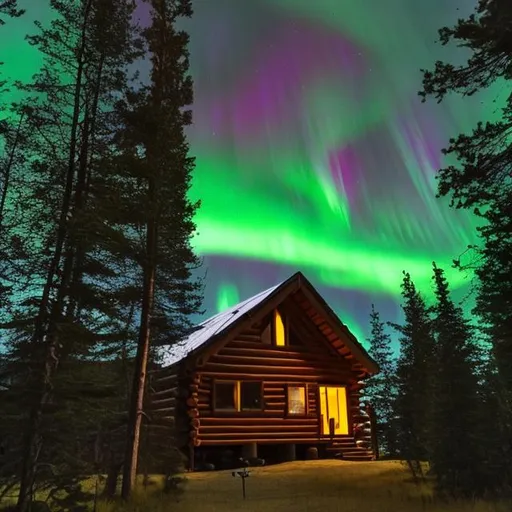 Prompt: A cabin surrounded by evergreen trees. It is at night and the northern lights are active