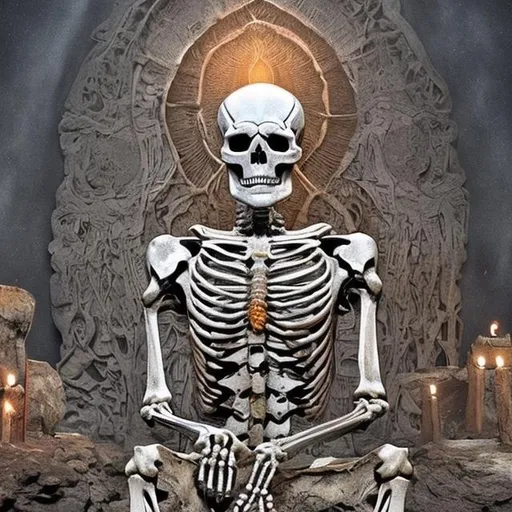 Prompt: 
A skeleton reaches spiritual strength.