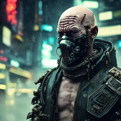 Prompt: A bald man with a ginger beard. 30yrs old. English. Futuristic Shogun styled armour and mask. cyber enhancements. Scars. Roses, Ferns and mushrooms. Dark and edgy with neon accents. Cyberpunk style. Raw. Gritty. Dirty.