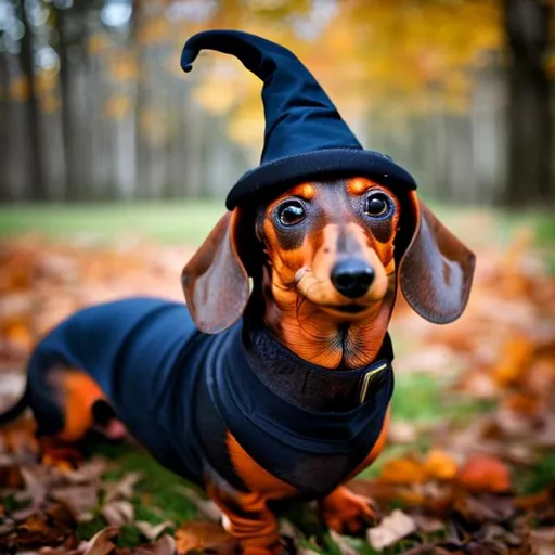 Prompt: Dachshund wearing witches hat