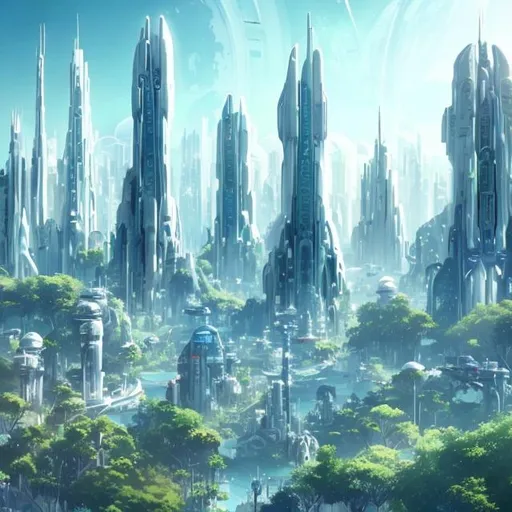 Prompt: Futuristic City White Tall Towers Lush Green Overgrown Plants Light Blue Sky High with many big white spaceships