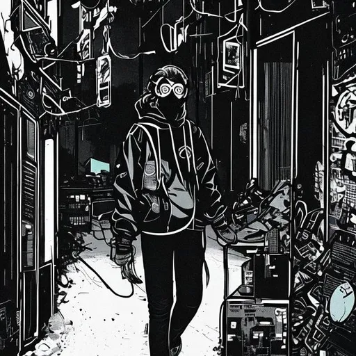 Prompt: teen, gloves, glasses and mask, electronics in his hand, with long curtained hair, alley, black and white