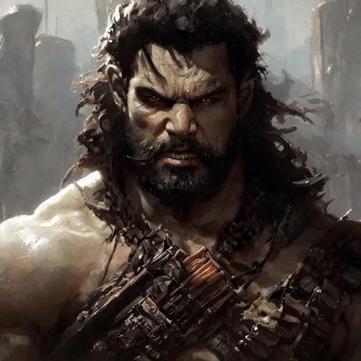 Prompt: Portrait painting of a barbarian half-orc by Greg Rutkowski and Craig Mullins, Dark atmospheric and cinematic lighting