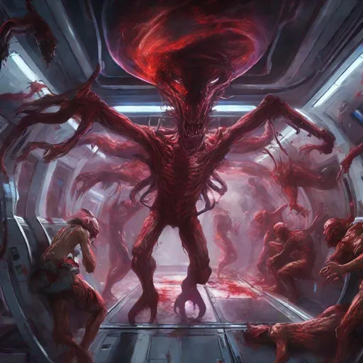 Prompt: concept art of space demons killing passengers on a space station Horrifying vibrant bloody intense image. Everything is perfectly to scale. HD, 4k, UHD, High Resolution Award winning
