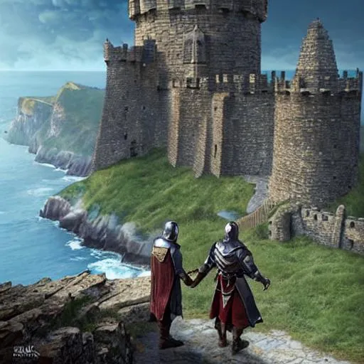 Prompt: 2 medieval warriors ::0.4 travelling on a cliff to a background castle , view of a coast line landscape , English coastline, Irish coastline, scottish coastline, perspective, folklore, King Arthur, Lord of the Rings, Game of Thrones. Photographic, Photography, photorealistic, concept art, Artstation trending , cinematic lighting, cinematic composition, rule of thirds , ultra-detailed, dusk sky , low contrast, natural lighting, fog, realistic, light fogged, detailed, atmosphere hyperrealistic , volumetric light, ultra photoreal, | 35mm| , Matte painting, movie concept art, hyper-detailed, insanely detailed, corona render, octane render, 8k, --ar 3:1 --no blur