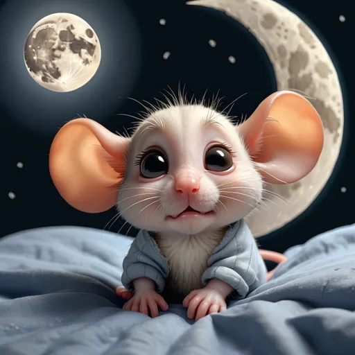 Prompt: sad baby mouse, lying in bed, looking up at the full moon, realistic, cute, adorable, transparent background, must have a tail, make him look sad, must be lying in a simple bed