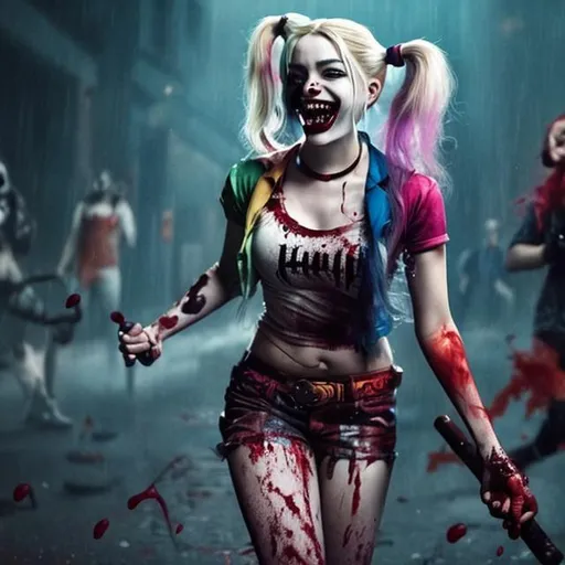 Prompt: Harley Quinn dancing and smiling in blood rain with her baseball bat and the Joker's head in one hand with smeared makeup, 64k, cinematic, realistic, vivid, UHD, Halloween Theme, soft grade, sharp, spooky, background smoke lime green and purple
