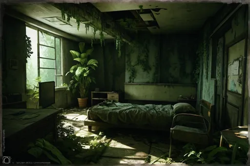 Prompt: Abandoned apartment interior overgrown with vegetation, The Last of Us video game style, desolate, decaying furniture, cracked walls, eerie atmosphere, high-quality, realistic, detailed, The Last of Us, overgrown, abandoned, desolate, decaying, eerie, atmospheric lighting, realistic, detailed textures, seen from angle