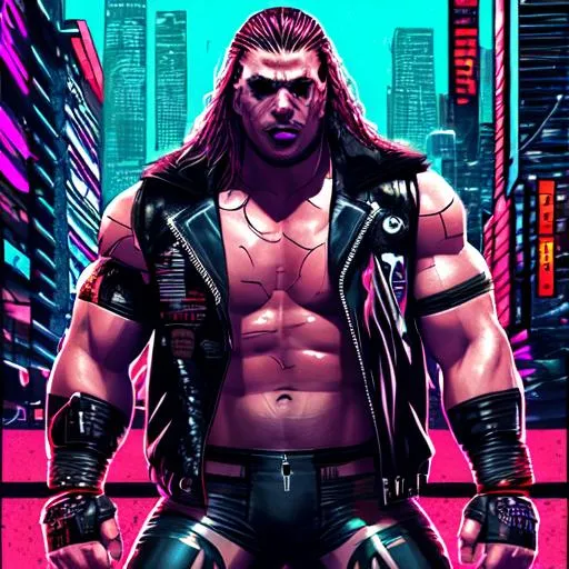 Prompt: cyberpunk wrestling graphic, one character, art cover, dx, wwe, inspiration