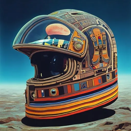 Prompt: The helmet of an astronaut reflecting an infinite loop below the horizon, trippy, andean motives, inca motives