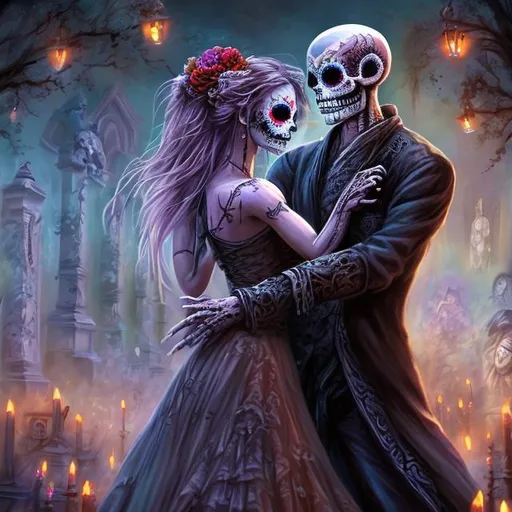 Prompt: undead spirit couples dancing in afestival of day of the dead, anime, digital art, photorealistic illustration, Día de los Muertos, epic, dramatic, ultra detailed. 