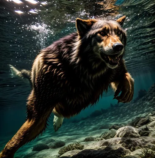 Prompt: Werewolf swimming underwater 