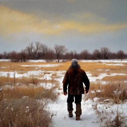 Prompt: bearded man walking through a prairie, some snow, he is tired and his clothes are torn, oil 
painting, view from the back 