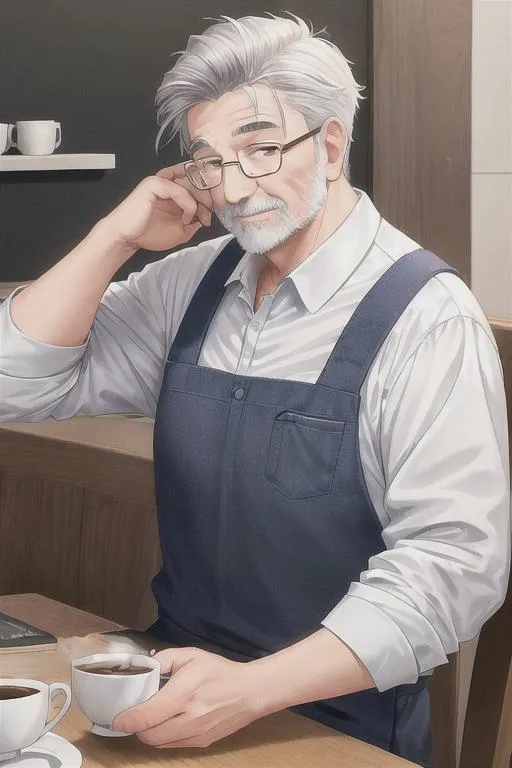 Prompt: old man work in a coffee, a few white hairs on the chin, Wearing a dress for work in a coffee with an bleu apron, glasses, an old man's expression on his face. white hair, that has brown shading. best quality, anim style, Very detailed clothing, Very detailed face, best quality