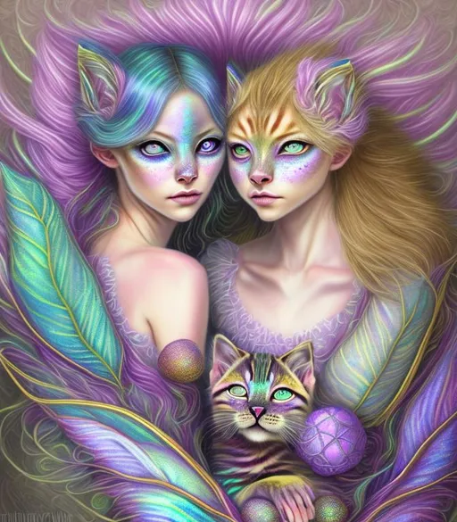 Prompt: Iridescent pastel fairy cats::2 covered tangerine spun silk. Pearly indigo red green photorealistic eyes. (furred cats) leaning into one another with matching bouffants. kittens like bright yellow pompoms. Golden lilly goblets overflowing with effervescent honeycomb. Opalescent summer fruits in crinkled sweet wrappers. leaves, flowers with intricate patterns, airbrush, acryl on marbled paper, global illumination, occlusion, volumetric lighting, wide angle shot,  Fragonard, Ernst Haeckel 128K UHD Unreal Engine 5, octane 