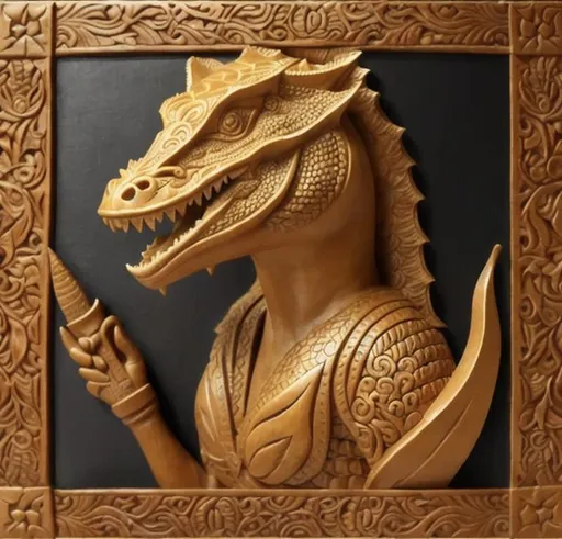 Prompt: An intricately-carved  carved leather bookcover about a cute female lizardman  