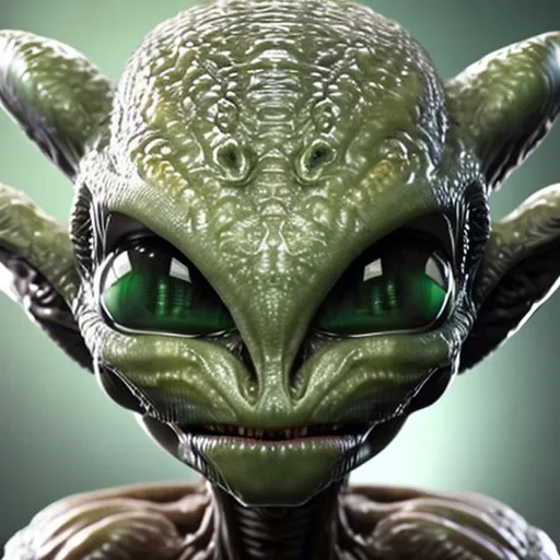 Prompt: A close-up of a facial alien with large, almond-shaped eyes, a small nose, and a thin mouth. The alien's skin is a pale green color, and it has a slightly pointed chin.