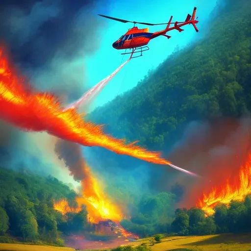 Prompt: A helicopter carrying a big bucket of water near a hill on fire with vibrant colors, a front point of view, in an action movie poster style, with a forest in the background.
