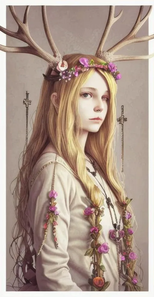 Prompt: Blond hair antlers flowers in her hair holding a rosary with a crucifix pendant