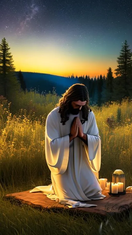 Prompt: Jesus kneeling and praying to God in a clearing in a meadow at night, photorealistic