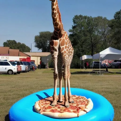 Prompt: A Giraffe eating a pizza while standing on an inflatable.