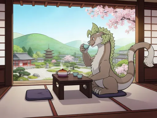 Prompt: A smiling dragon with a long body and tail with tan fur and leaf mane drinking tea overlooking a japanese view from a teahouse