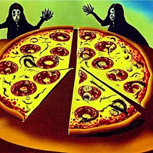 Prompt: Salvador Dali's Painting of the Death by Comet Ping Pong Pizza, 666, child torture, satanic ritual, Jeffrey Epstein, triadic colors backlit
