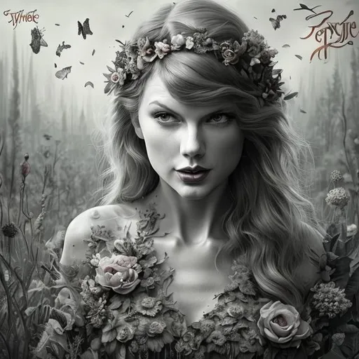 Prompt: generate me a Taylor Swift album cover concept with no words whatsoever on it called "Flora" which features a rustic, forest-like aesthetic true to her later eras such as Evermore and Folklore. it must be highly realistic detailed, 4k HD with sunlight shining over taylor, a detailed body with no words. it can be black and white.
