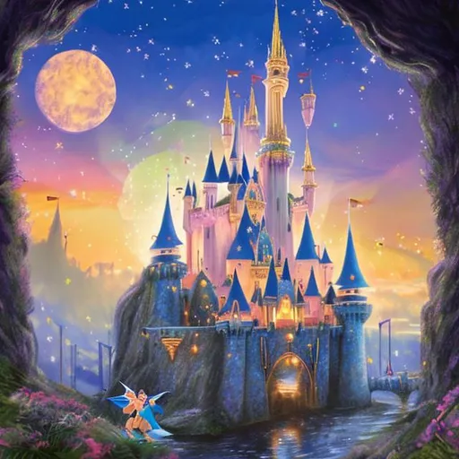 Prompt: Disney castle with fairies flying outside in cartoonistic style 