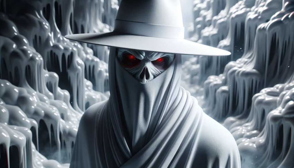 Prompt: Realistic rendering of a mysterious figure with piercing red eyes, draped in shadows, wearing a pristine white hat, standing amidst a melting environment that gives off a nightmarish vibe.