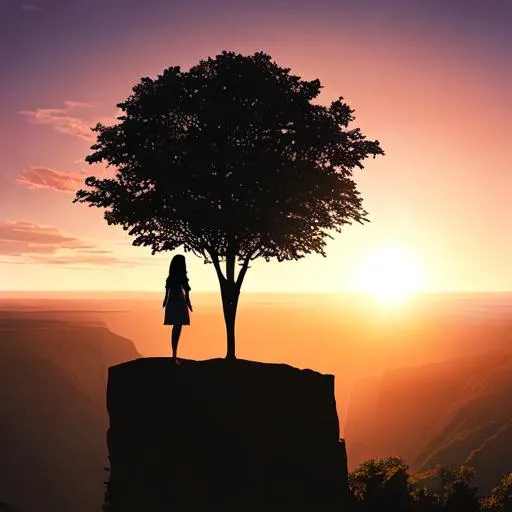 Prompt: woman standing on cliff, sunset, lens flare, tree, silhouette, beautiful scenery, landscape